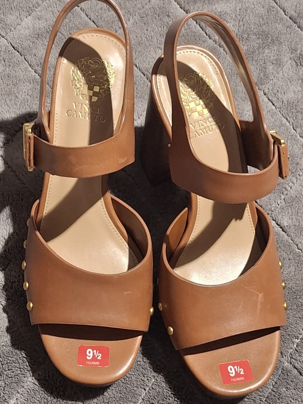 Vince Camuto Brown Leather Slingback Block Heel Sandals((HL5H